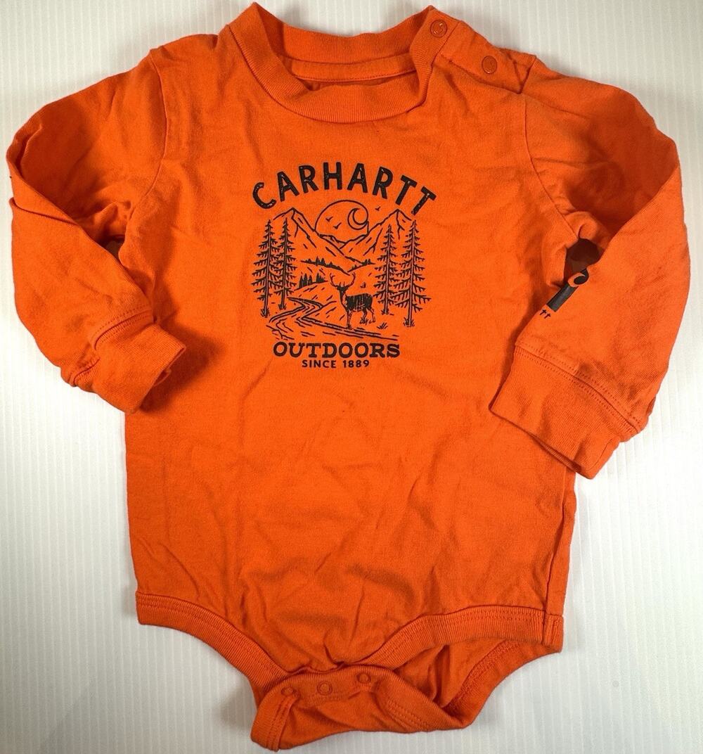 Carharrt Baby Boys 18M Orange Long Sleeve Bodysuit Moose Mountain Graphic